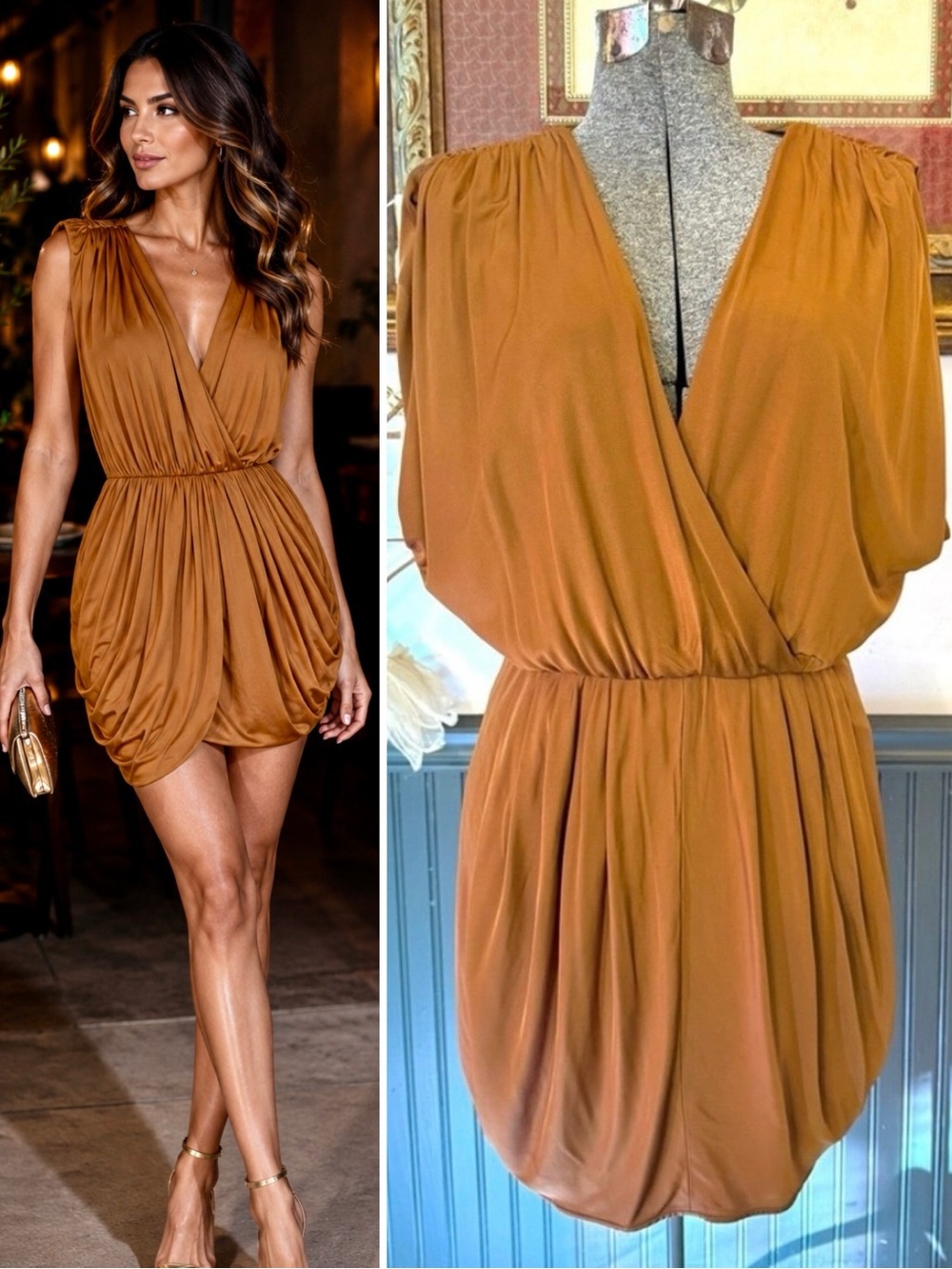 Black Halo Ruched Drape Cocktail Mini Dress Gold Caramel Date Night Size M💛🍄